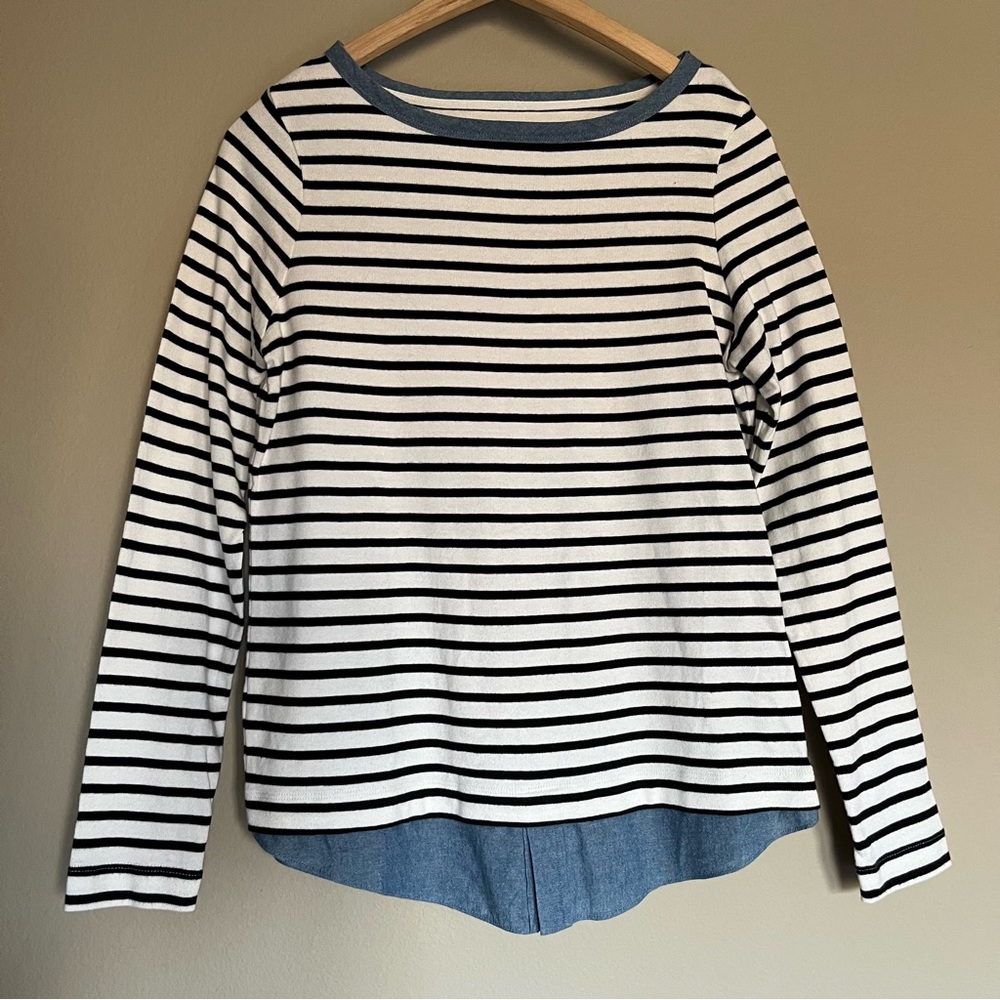 LOFT Black/White Stripe & Denim Long Sleeve Top Medium